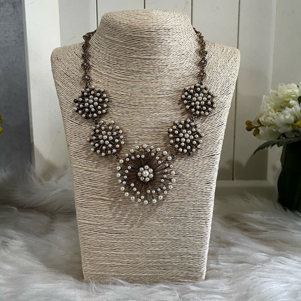 NEW Saks Fifth Avenue Pearl Spiral Sunburst Filigree Art Deco Statement Necklace